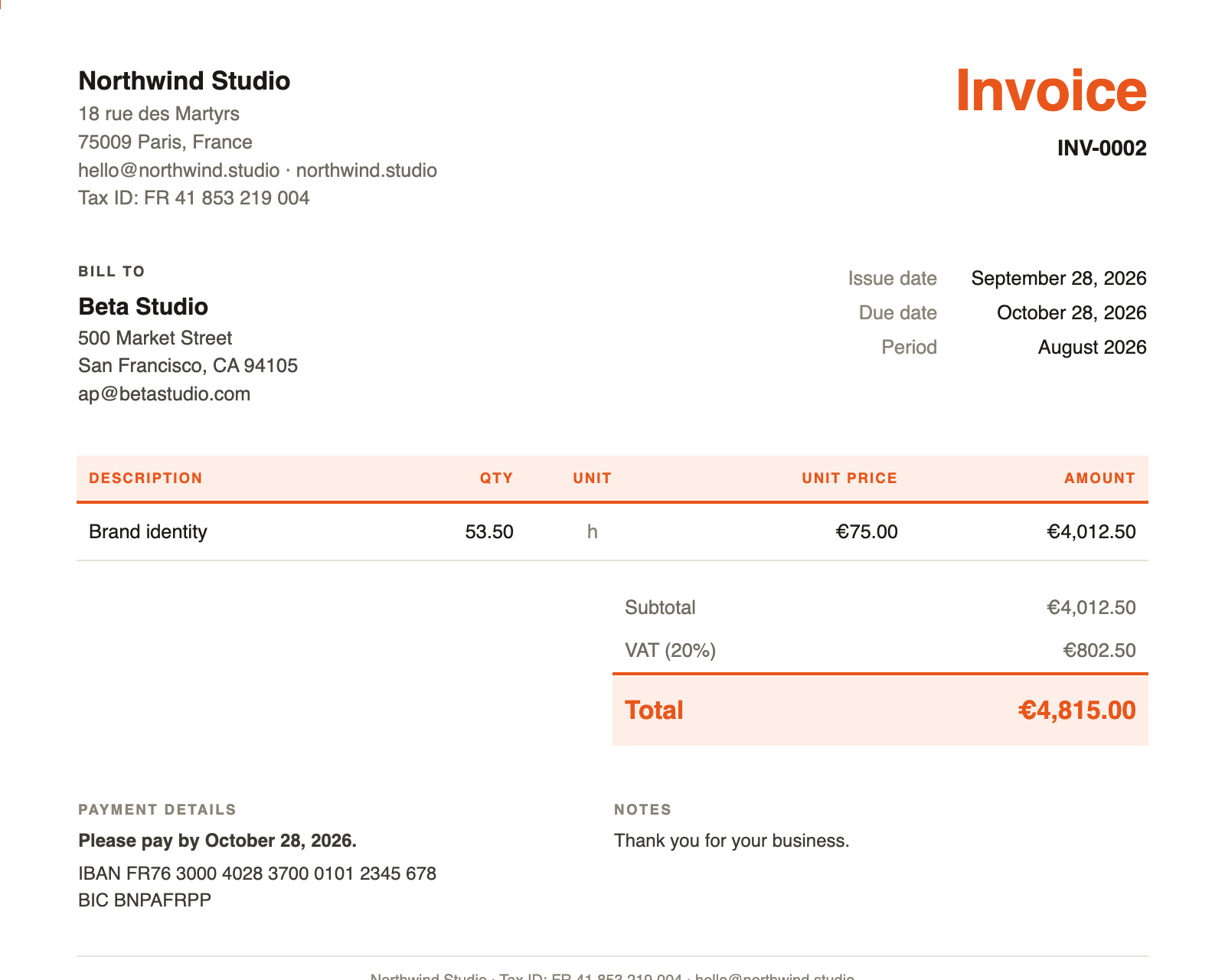 A TimeSheet invoice PDF with lines, VAT and total