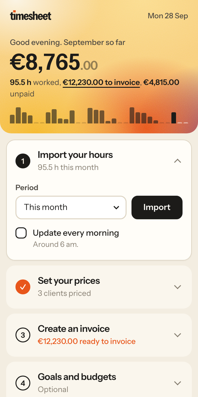 Import step of the TimeSheet panel with a daily update option